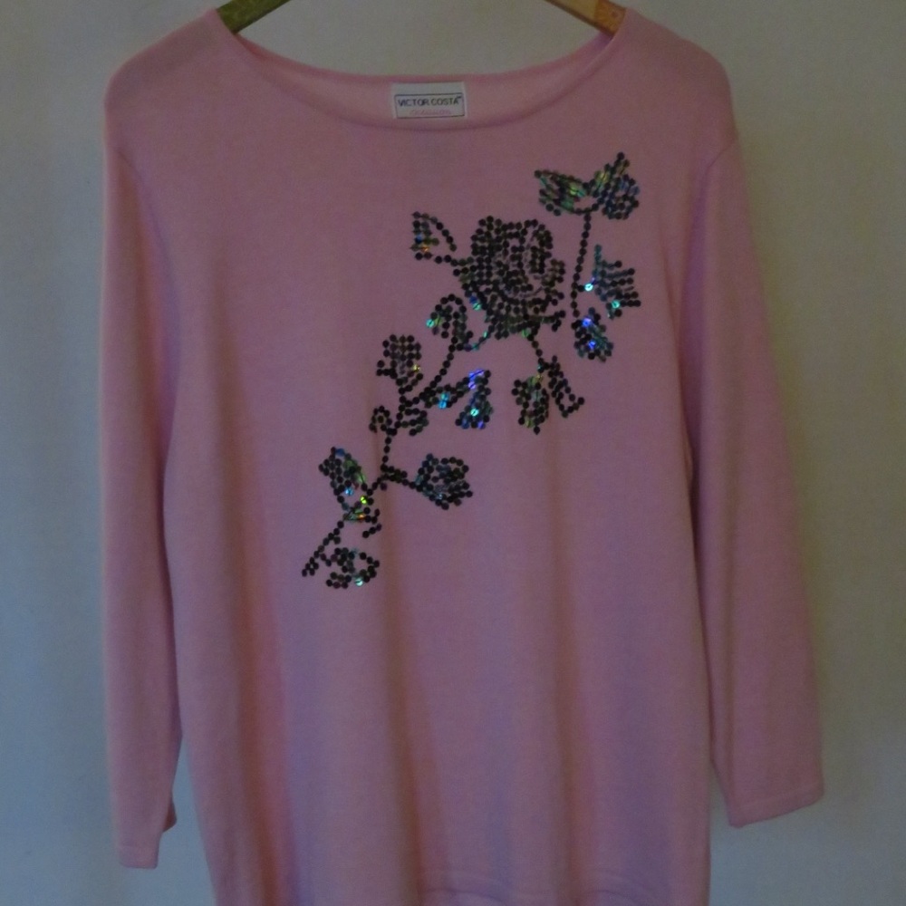 Victor Costa Pink Sweater with Sequin Floral Design. Very soft, light pink